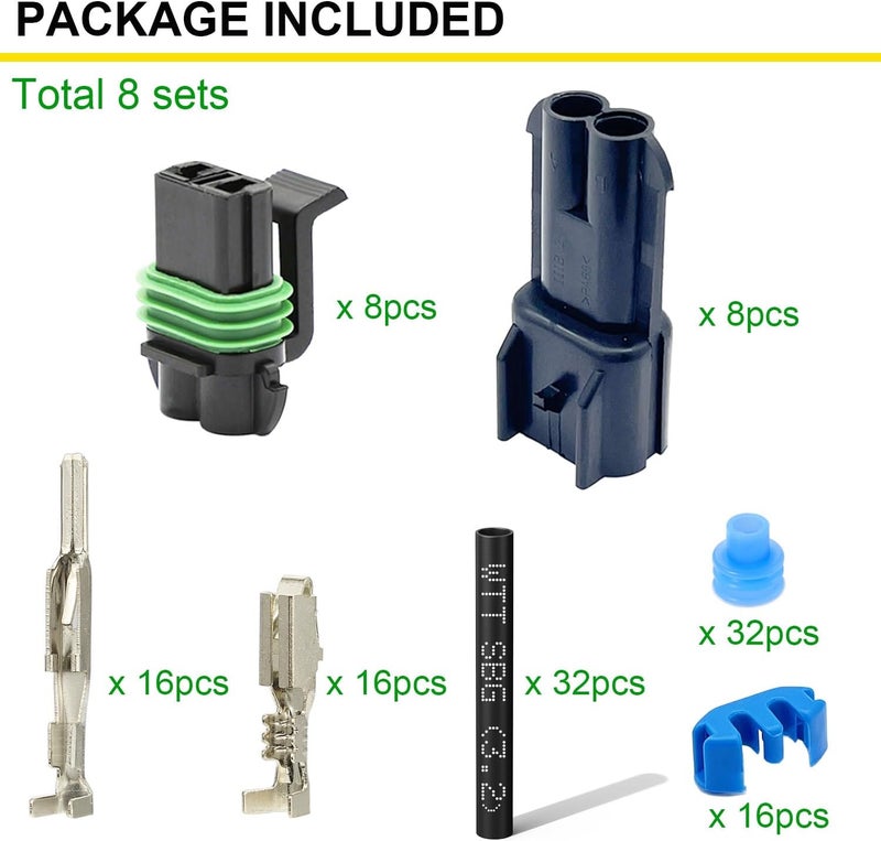 Twippo 14-12 AWG 2 Pin Connector Weather Pack Connectors Kit 2 Wire Automotive Electrical Waterproof Connectors Plug Terminals with 32pcs Shrink Tubing Kit (8 Set) - Image 2